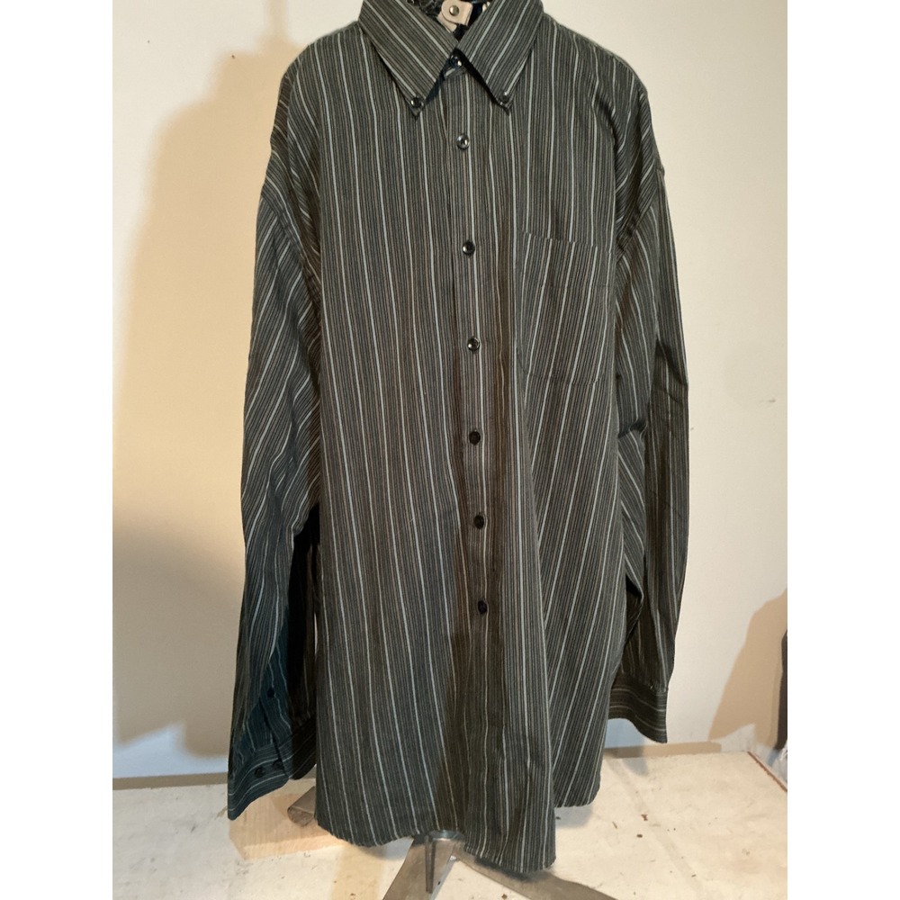 Van Heusen Mens XXL Long Sleeve Button Down Green Grey Striped Cotton Blend